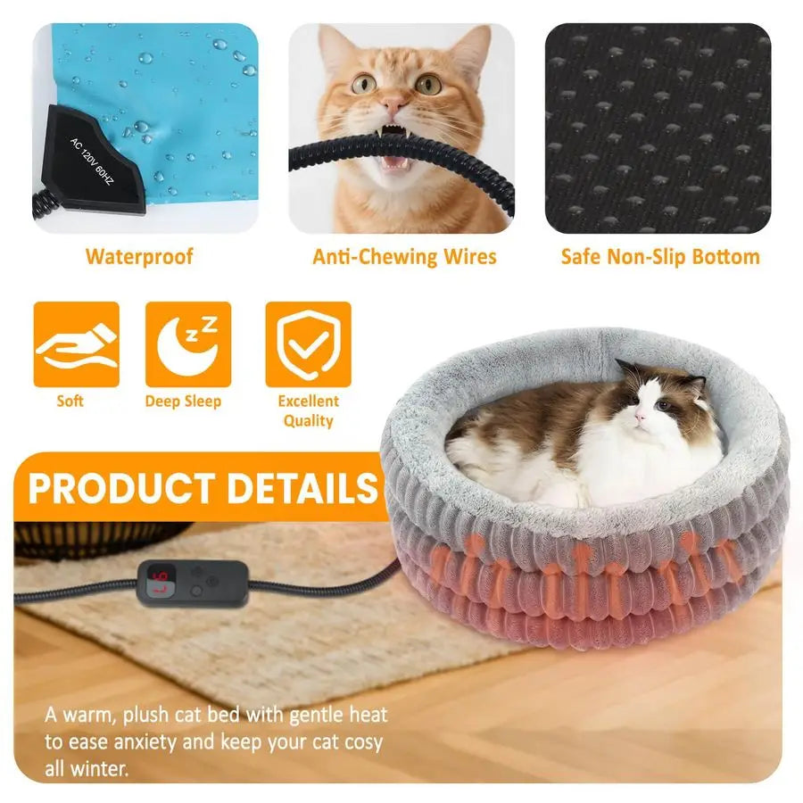 Cat Bed Indoor, 20 round Donut Deep Sleep Calming Heated Pet Beds for Cats and Small Dogs, Comfort Electric Thermal Cat Warming