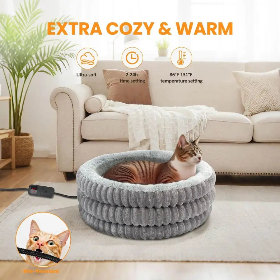 Cat Bed Indoor, 20 round Donut Deep Sleep Calming Heated Pet Beds for Cats and Small Dogs, Comfort Electric Thermal Cat Warming
