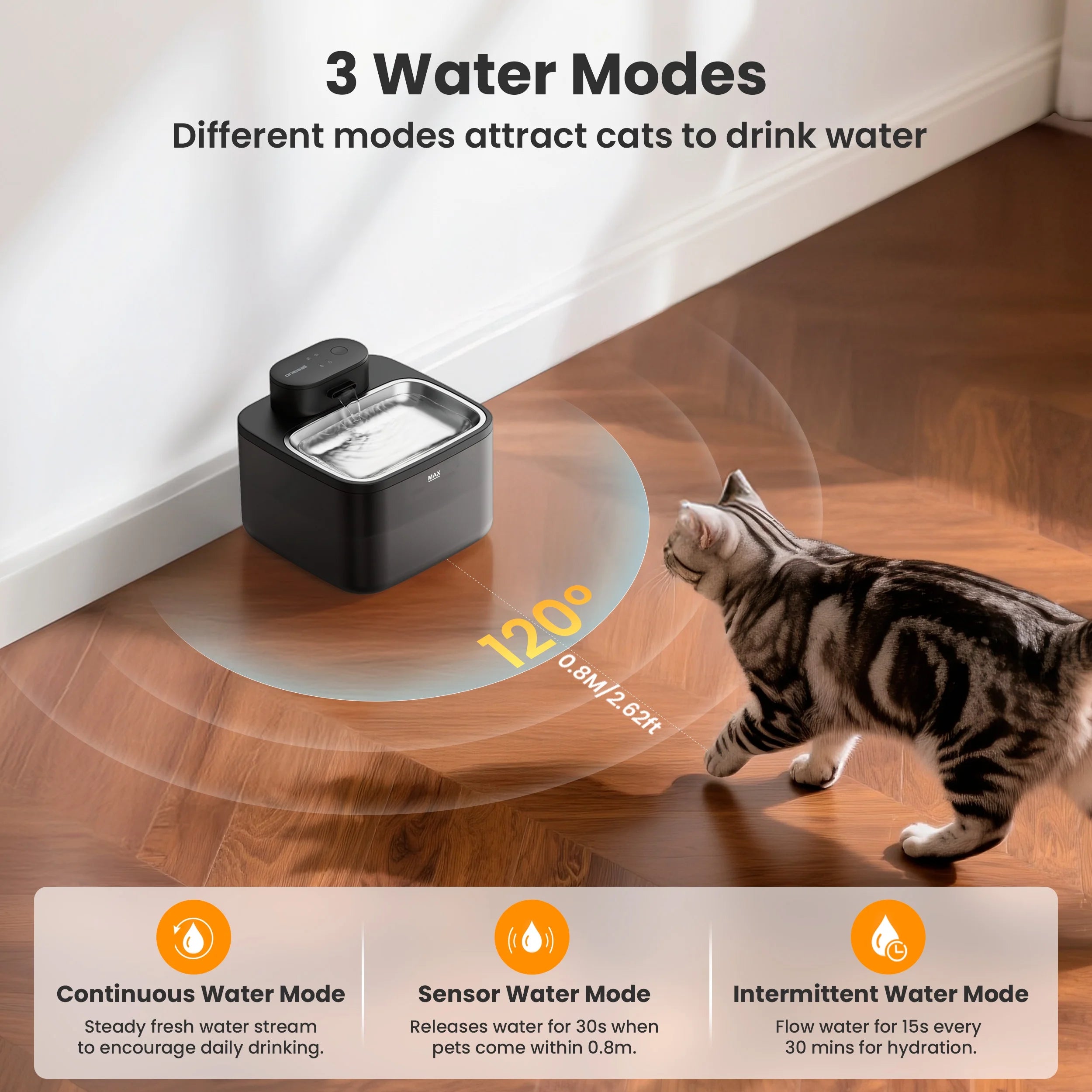 CW-04 Wireless Cat Water Fountain Stainless Steel Tray, 2.2L/74Oz Low Noise Cat Water Dispenser, Cat Drinking Fountain with 3 Filters- Silver