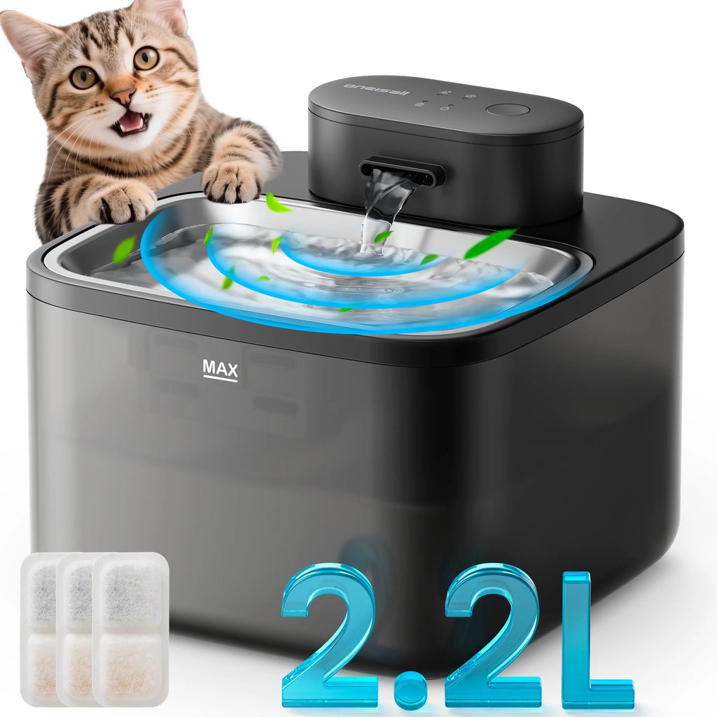 CW-04 Wireless Cat Water Fountain Stainless Steel Tray, 2.2L/74Oz Low Noise Cat Water Dispenser, Cat Drinking Fountain with 3 Filters- Silver